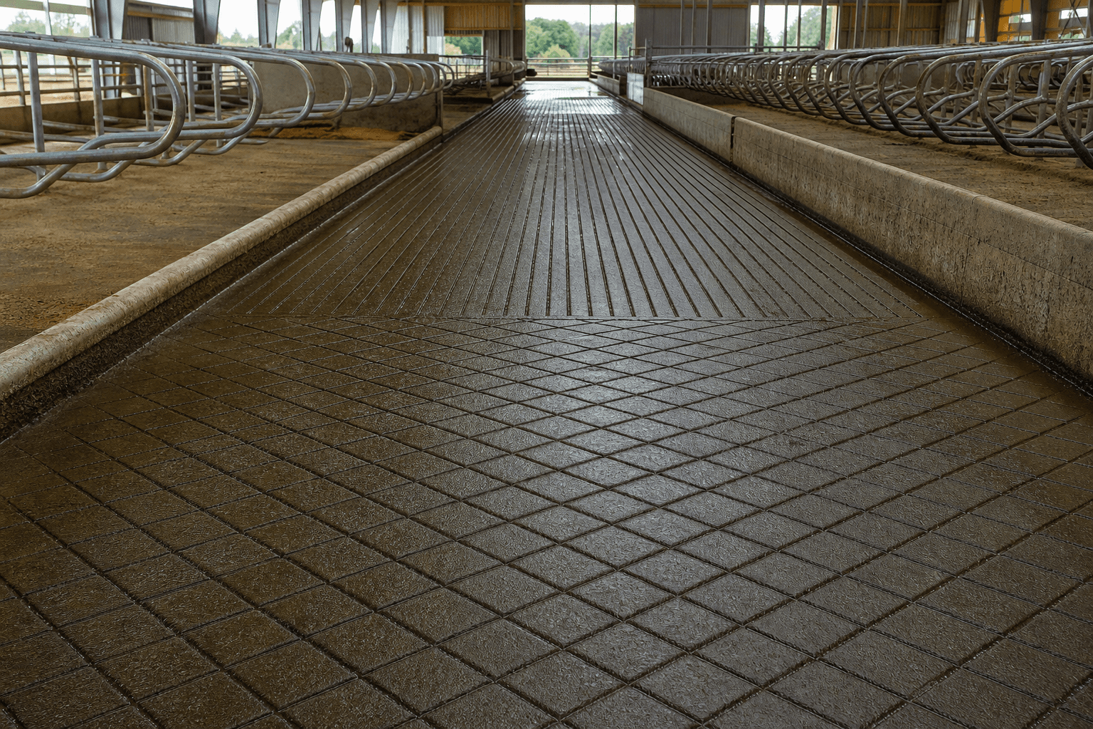 Freestall barn alley with diamond to straight line pattern transition