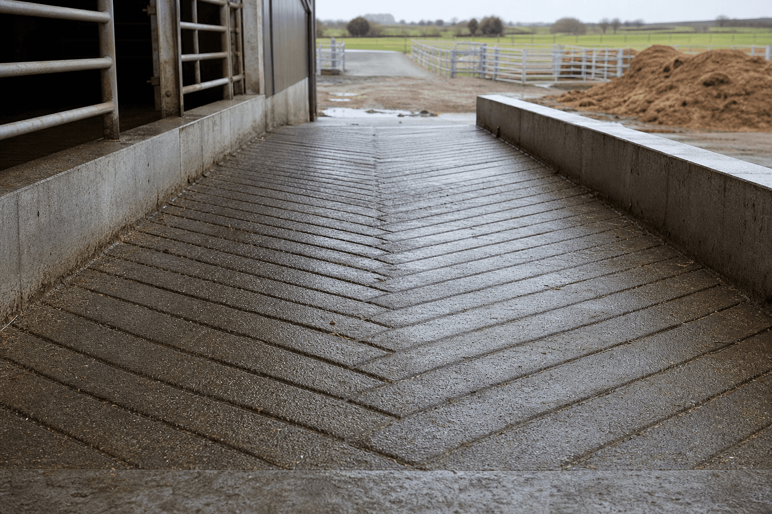 Tractor herringbone grooving pattern on a concrete barn ramp