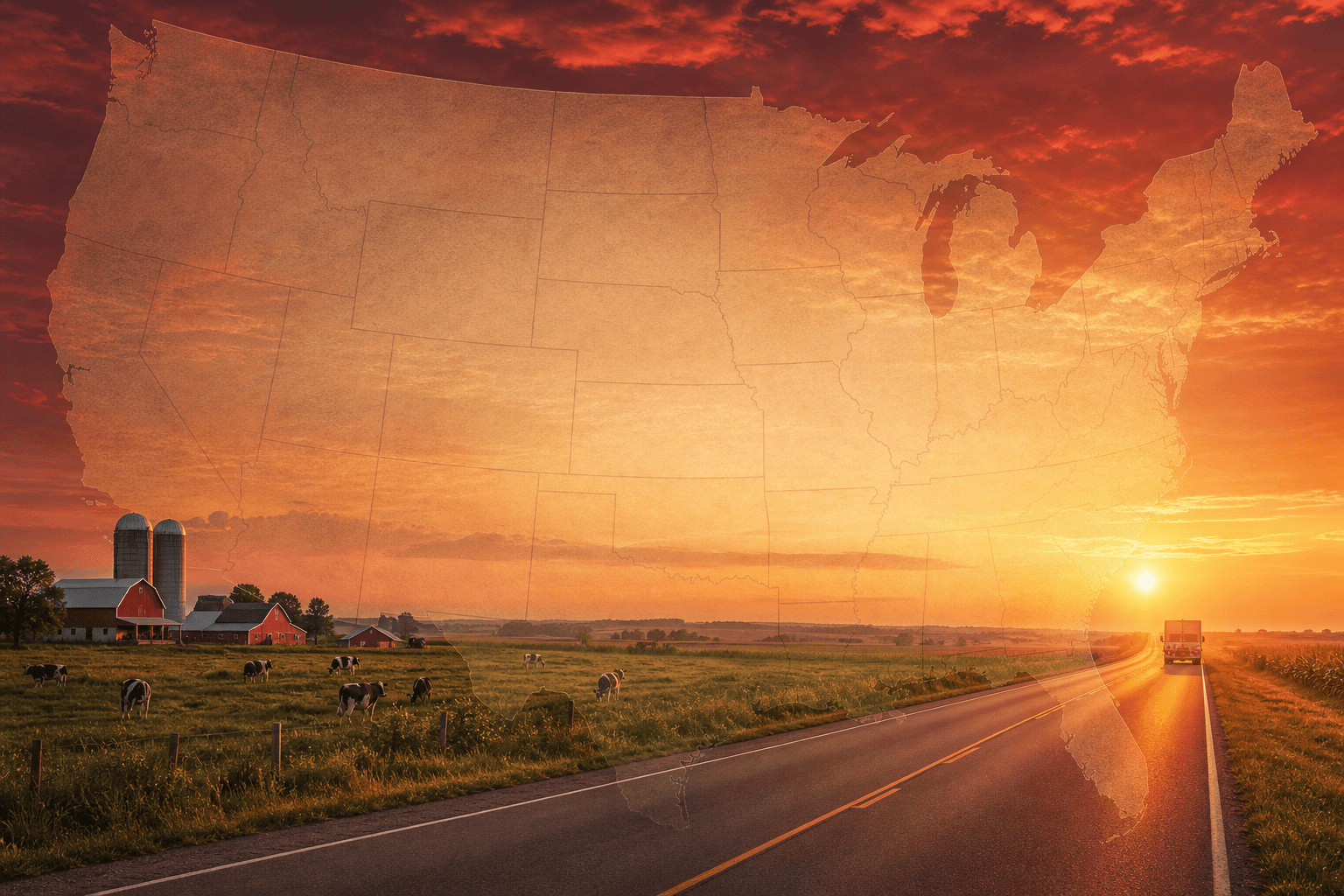 Open American highway through dairy farmland representing Davidson Cement Grooving nationwide traveling crews